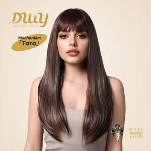 Tara-DWY 26-Inch Women's Machine Made Synthetic <b>Wig</b> Long Silky Straight Chocolate Brown with Highlight Bangs Glueless - Product Image 4