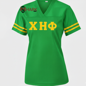 Maillots de football pour femmes, maillots de sport en maille à manches rayées imprimés par sublimation à col en V pour femmes Chi Eta Phi - Product Image 6