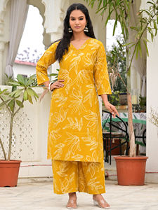 Ensemble Salwar Kameez pour femmes en coton imprimé feuilles jaune moutarde, longueur mollet, ethnique, pour fête, été, col en V, manches trois quarts, séchage rapide - Product Image 2