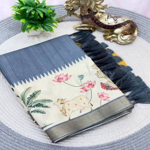 VASTRA COTTAGE Manipuram Silk Saree with Pichwai Prints <b>Gold</b> Zari Border Digital Printed Pichwai Pallu Tassels Contrast <b>Blouse</b> - Product Image 3