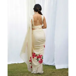 Sari Apsara de chinnon con estampado floral pintado a mano, corte holgado, elegante y ligero, ideal para fiestas y bodas para mujer. - Product Image 6