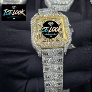 Montre mécanique Ice Look à cadran carré, lunette en cristal, ton or, chiffres romains, bracelet, idéale pour un cadeau et un style élégant - Product Image 4
