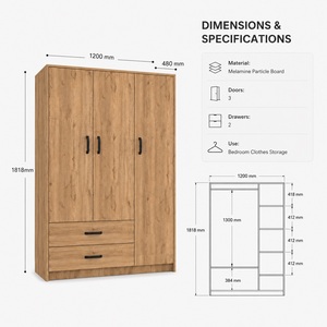 Armoire en panneaux de particules de mélamine, 3 portes, rangement pour vêtements de chambre, 2 tiroirs, poignées métalliques, design moderne pour la maison - Product Image 2