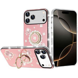 Coque Bling Rose pour iPhone 18 Pro 2026, iPhone 17 Pro 2025 avec Bords Scintillants et Anneau Support Diamanté - Product Image 1