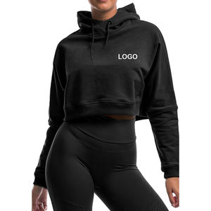 Top corto de manga larga cómodo con estampado de logotipo personalizado para mujer, sudaderas con capucha cortas para correr de algodón para gimnasio y Mujer - Product Image 2