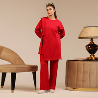 Tendances du moment : Ensemble coordonné décontracté pour femmes musulmanes, mode modeste, printemps/hiver, couleur unie, tunique à nouer sur le côté, pantalon droit, personnalisable