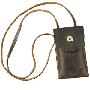 Fashion Leather Mobile Phone Pouch Bag With Shoulder Strap Handmade Crossbody Iphone Case Cell Phone Bag