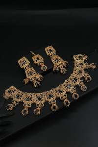 Ensemble de bijoux rétro bohème or strass boucles d'oreilles fleur sculptée turquoise gland boucles d'oreilles collier clavicule chaîne tour de cou - Product Image 3