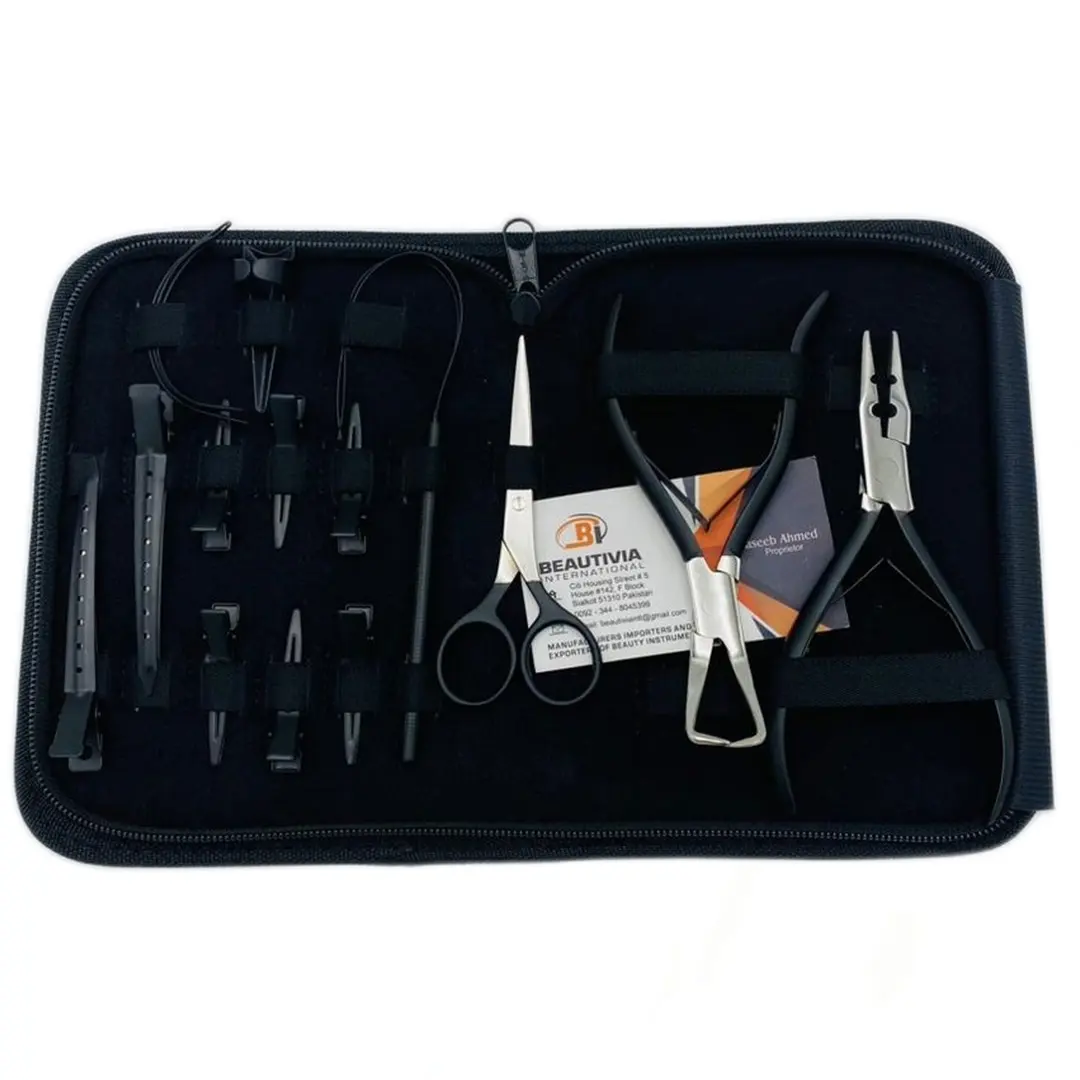 Black Matte Wholesale Surgical Grade Stainless Steel Hair Extension Micro Ring Applicator and removal Pliers Tool Kit set