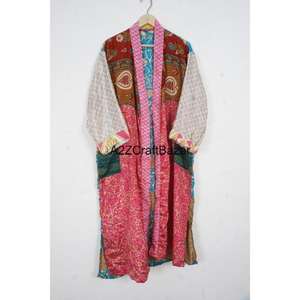 Robe longue bohème en soie de luxe pour femmes, faite à la main, patchwork, col en V, cordon de serrage, manches longues, douce, respirante, rapide, automne - Product Image 3