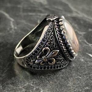 Men's Handmade Sterling <b>Silver</b> Cocktail <b>Ring</b> Oval White Agate Gemstone Royal Style Floral Fleur De Lys Symbol Bezel Setting - Product Image 5