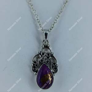 Turquoise Necklace 925 Sterling <b>Silver</b> Handmade Pendant Chain Purple Copper Turquoise Jewelry Pear Shape Fine Pendants Charms - Product Image 4