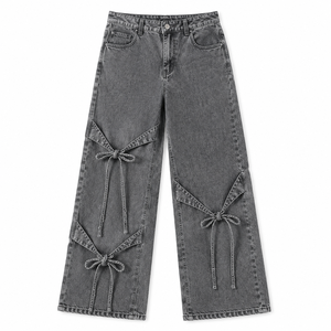 Jeans Anchos de Mujer Estilo Y2K con Detalle de Lazo, Cintura Alta, Corte Holgado, Lavado Claro, Denim Ecológico, Transpirable, Moda de Verano - Product Image 2