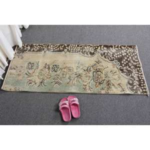 Alfombra turca Vintage de 2x4,4 pies, Alfombra de lana tejida plana beige y verde con patrón de retazos para decoraciones de sala de estar - Product Image 5