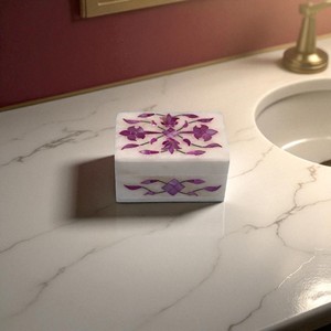 Handmade White Marble Inlay Jewelry <b>Box</b> with Pink & <b>Blue</b> Gemstone Floral Design Luxury Decorative Stone <b>Gift</b> <b>Box</b> - Product Image 2