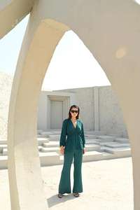 AMELIE elegante viscosa satén seda Jacquard Co-ord conjunto adultos silueta suelta patrón sólido verano Natural - Product Image 3