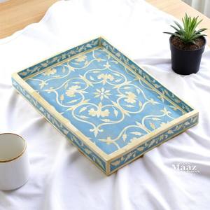Hermosa bandeja de incrustaciones de hueso con estampado Floral azul, bandeja decorativa de madera de lujo hecha a mano, decoración ecológica para el hogar, venta al por mayor - Product Image 1