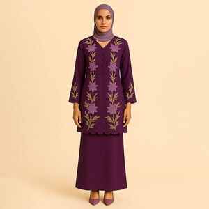 Fait à la main modeste BAJU KURUNG ensemble pour les femmes musulmanes grande taille respirant Polyester POLY COTON brodé festonné col en V Abaya - Product Image 3