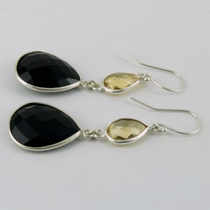 Boucles d'oreilles manchette bohèmes en argent sterling 925 avec citrine jaune et onyx noir, forme fantaisie, bijoux indiens du Rajasthan pour la nuit d'été - Product Image 3