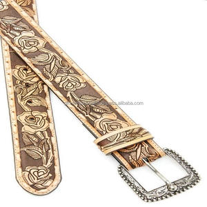 Stylish <b>Tooled</b> Floral Design 100% Full Grain Western <b>Leather</b> <b>Tooling</b> <b>Belt</b> for Unisex with Silver Finish Floral Buckle Set - Product Image 6