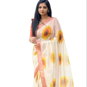Manténgase hermoso con nuestra comodidad de verano Bloque hecho a mano indio tradicional Impreso 100% Colección de Sari de lino puro - Product Image 1