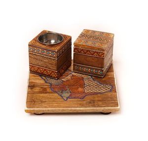 Quemador de Incienso de Madera Religioso, Ecológico y Duradero, Pintado a Mano con Diseño Amarillo, Quemador de Carbón Mubakhara Hecho de Madera de Mango - Product Image 3