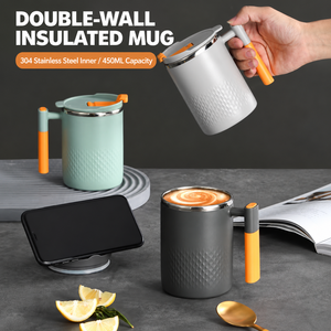 Taza Aislada de Acero Inoxidable 304 con Tapa, 450 ml, Vaso Térmico de Doble Pared con Asa para Café, Té y Viajes - Product Image 2