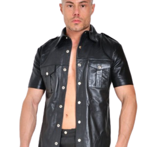Chemise en cuir noir pour homme, manches courtes, faux cuir, boutons sur le devant, haut de clubwear fétiche - Product Image 1