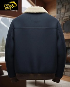Chaqueta Bomber de Lana Azul Marino para Hombre, Abrigo de Invierno Hecho a Mano con Cuello de Borrego Blanco, de la Marca Champ King - Product Image 5