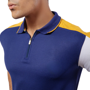 Polo pour homme à blocs de couleur bleu et jaune avec col zippé, en coton confortable, décontracté, élégant, à manches courtes, chemise polo tendance - Product Image 2