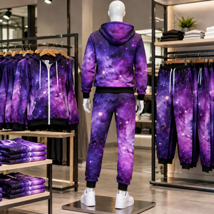 Ensemble de survêtement 2 pièces pour femme avec sweat à capuche zippé et pantalon de jogging, imprimé galaxie personnalisé, 100 % polyester, séchage rapide - Product Image 6