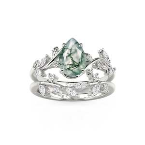 Ensemble de bagues de mariage Jeulia en agate mousse en forme de poire avec feuilles entrelacées - Product Image 4