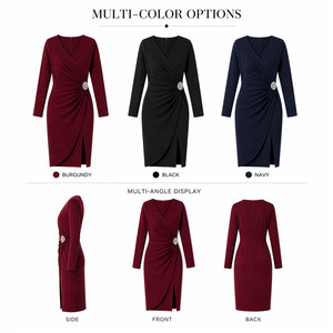 Womens Elegant Bodycon Wrap <strong>Dress</strong> Long Sleeve V Neck Ruched Church <strong>Dress</strong> Burgundy Cocktail Party Formal <strong>Dress</strong> Manufacturer - Product Image 4