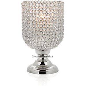 Support long en métal poli brillant de couleur argent d'excellente qualité avec bougeoir en perles de cristal à dessus rond et votif - Product Image 2