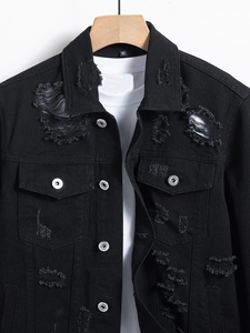 <b>Men</b> Black Ripped <b>Denim</b> <b>Jacket</b> Spring Autumn Street Style Retro Casual Outerwear Trendy Daily Fashion Coat - Product Image 4
