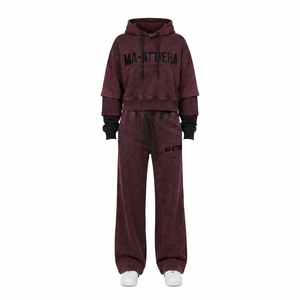 Custom <b>Women</b> Burgundy Acid Wash Cropped Hoodie Wide Leg <b>Jogger</b> Set Cotton Fleece Streetwear Tracksuit OEM - Product Image 3