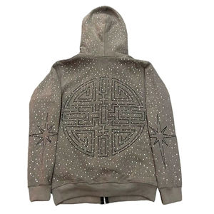 Sudadera con capucha desgastada lavada con ácido de gran tamaño para hombre 500GSM 100% algodón French Terry Sun Faded Rhinestone bordado pantalla - Product Image 2