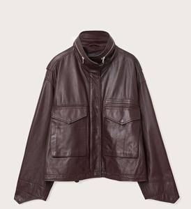 Chaqueta Utilitaria de Piel de Oveja Borgoña para Mujer, Chaqueta de Invierno Ecológica con Bolsillos Cargo Extra Grandes y Cuello Alto, Regalo - Product Image 1