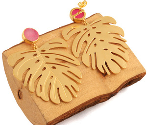 Latest Fashion Gold Plated Designer Leaf With pink Sugar Druzy Hanging Push <b>Back</b> Stud <b>Earrings</b> Plain Metal Leaf Dangle <b>Earrings</b> - Product Image 5