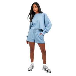 Conjunto de sudadera y pantalones cortos de cuello redondo de gran tamaño para mujer, ropa de descanso de dos piezas de lana de algodón para comodidad informal - Product Image 5