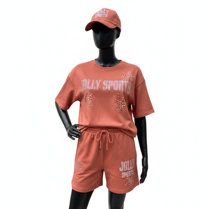 High Quality Cotton Rich <b>Women</b> <b>Shirt</b> <b>And</b> <b>Short</b> <b>Set</b> Smooth Fabric Solid Color Crystal HeatPress Logo 100% Cotton <b>T</b>-<b>Shirt</b> & <b>Shorts</b> - Product Image 1