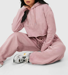 Haute qualité femmes éponge française 2 pièces ensemble coton polaire sweat à capuche court jambe large pantalon broderie cordon avant - Product Image 3