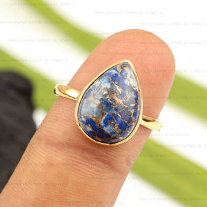 10X14มม. ทรงลูกแพร์แหวนทองแดงธรรมชาติ Lapis Lazuli 925เงินสเตอร์ลิงชุบทอง18K สำหรับงานปาร์ตี้ - Product Image 4