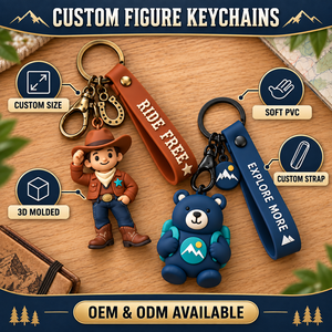 OEM ODM Custom 3D Soft PVC Cowboy Bear Figure Keychains with Wrist Strap for Corporate Promotional Gifts - Product Image 4