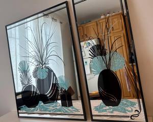 Set of 2 vintage 1980s <b>mirrors</b>, rectangular <b>mirrors</b> with black frames, engraved <b>flower</b> vase design - Product Image 2