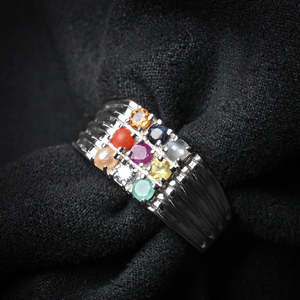 NOVAMART Fine 92.5 Sterling Silver Adjustable <b>Ring</b> for <b>Men</b> Boys Natural Certified Navratna Stone Nine Gems Boho <b>Emerald</b> Cut Plat - Product Image 3