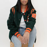Veste universitaire Letterman verte et orange en laine personnalisée avec patchs en chenille et broderie Sororités Famu Varsity Jacket