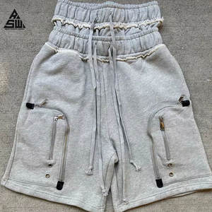 New Custom High Quality Streetwear Vintage Patch Sun Faded Distressed Double Waist Elastic Waist Baggy 100% Cotton <b>Sweat</b> <b>Shorts</b> - Product Image 5