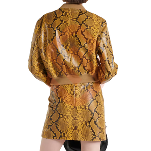 Gele <span class=keywords><strong>Python</strong></span> Leren Jas Voor Vrouwen Nieuwe Bomber Cropped Stijl Echte Koeienhuid Pus Maat Slangenprint Leren Jas Voor Dames - Product Image 5