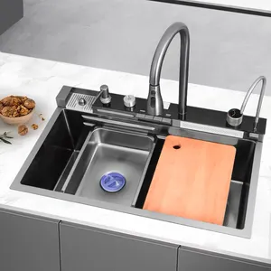 Display digitale a Led doppio rubinetto estraibile a cascata pioggia 304 acciaio inossidabile nero Nano Smart lavello da cucina con rondella tazza